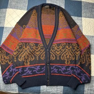 Vintage Geometric Jacquard Cardigan Sweater Navy Purple Orange - Michael Gerald